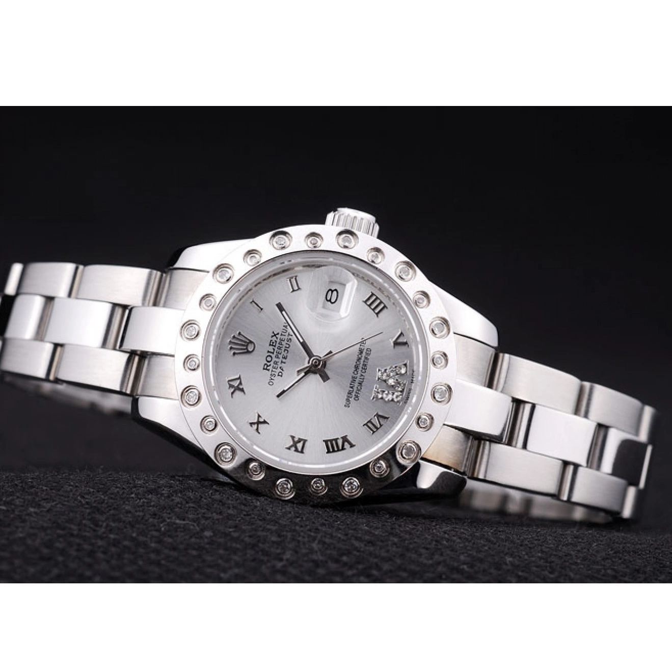 Aaa replica watch Polished Silver Silver Diamonds Dial Rolex Bezel Datejust 7474 0823